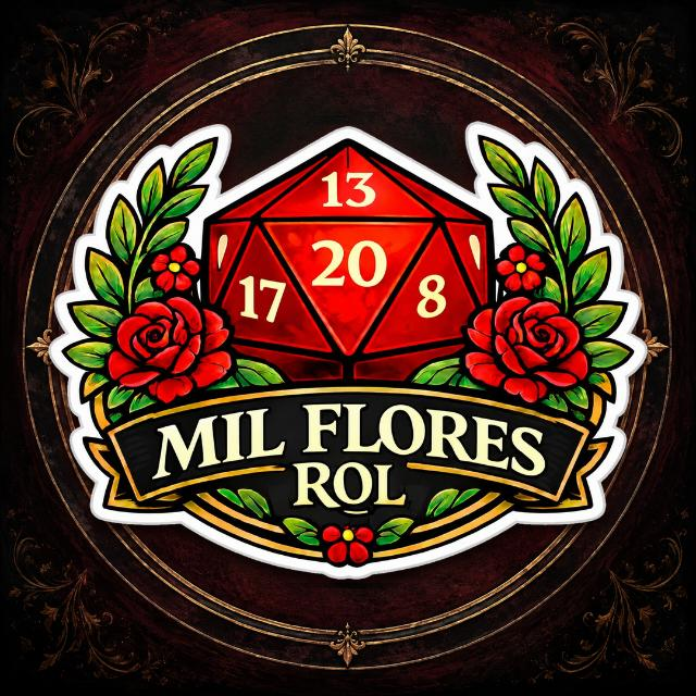 Logo de Mil Flores Rol: un dado rojo entre rosas y hojas